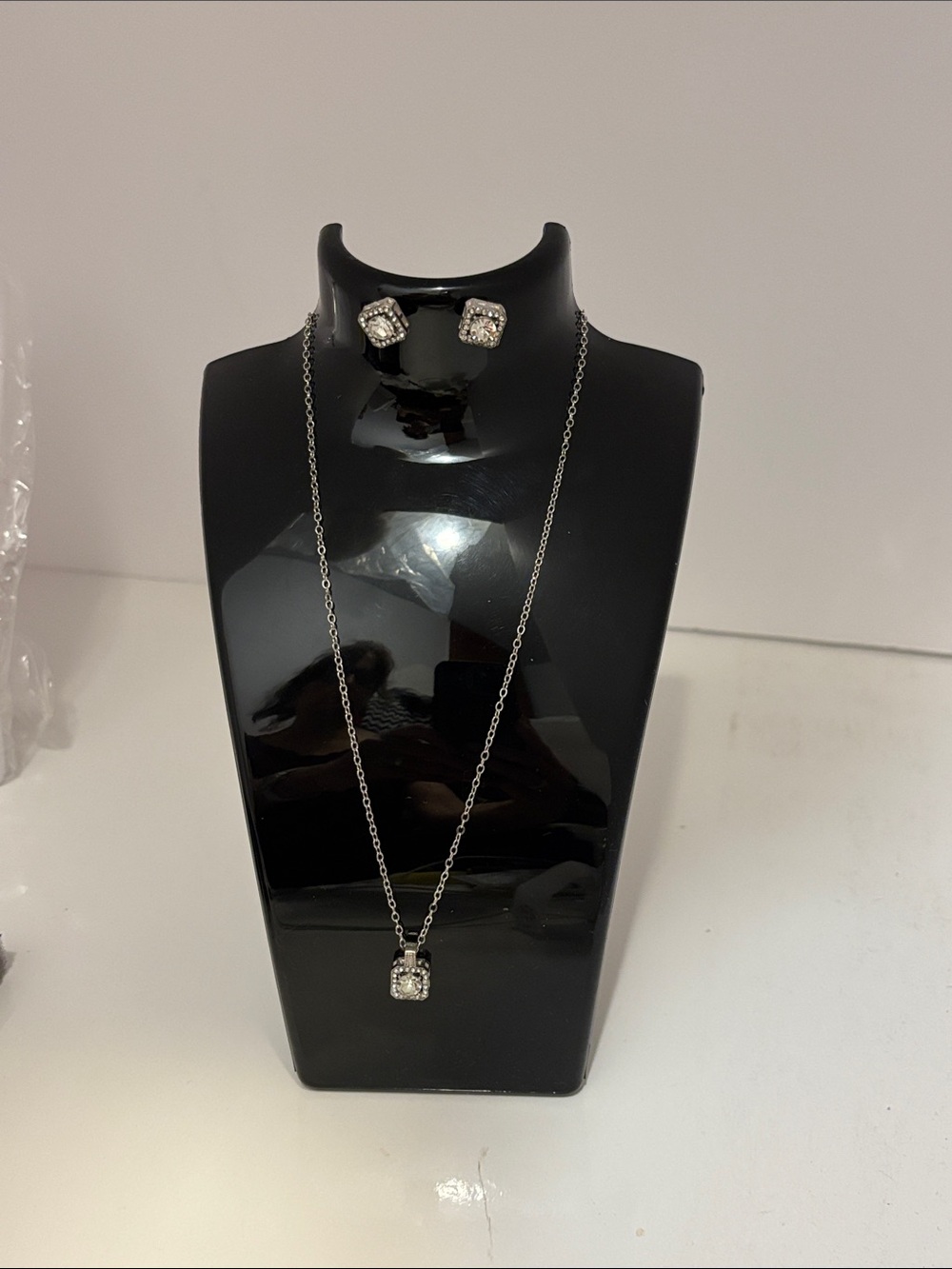 Silver-Tone Cubic Zirconia Pendant Necklace and Stud Earrings Set